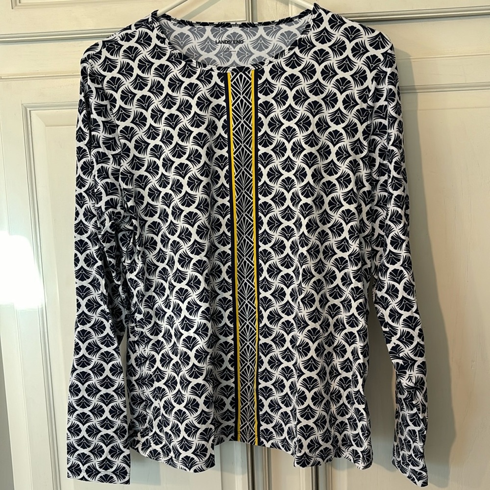 Lands End Sport Swim white/blue/yellow long sleeve shirt sz Large 14/16